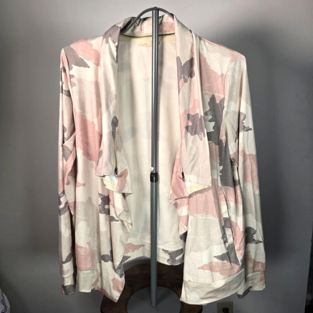 Mystree Womens Large Pink Camo Open Front Cardigan Draped Stretch Lightweight